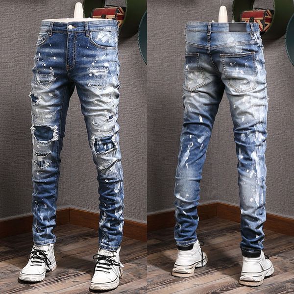 Окрашенные стежками джинсы мужские состаренные винтажные облегающие джинсовые брюки мужские