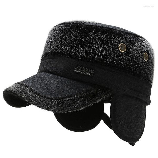 Berets Gorras Hombre Мужские кепки модные зимние фальшивые мех теплый рыбацкий лыж плоские наушники сгущайте человек русскую шляпу с ушными изделиями 087