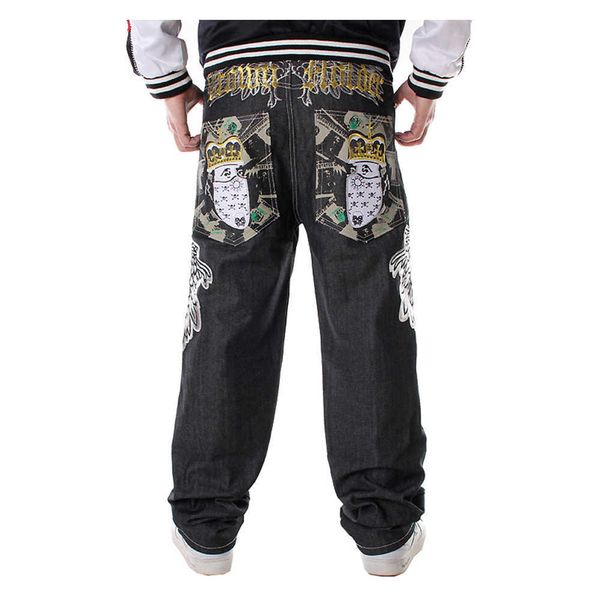 Jeans da uomo Jeans hip hop da uomo Taglie forti pantaloni larghi in denim streetwear larghi Lettere di moda ali di falco pantaloni lunghi con corona di teschio T221102