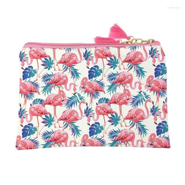 Sacchetti di immagazzinaggio 100 pz/lotto Pu Cosmetic Case Bag Flamingo Stampato Lady Frizione Ragazza Borsa Trucco Cellulare 20 cm x 14 cm