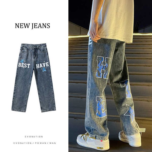 Мужские джинсы хип -хоп тренд мужской джинсы с широкими джинсами нейтральные джинсовые брюки свободные прямые буквы грузовые брюки Человек мешковатые джинсы 2022 Новый T221102
