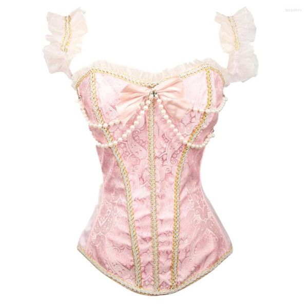 Bustiers Korsetts Sexy Rosa Blumenperle Vollbrustkorsett Tops Bustier Schnürung Damenbekleidung Coselet Schulterfreie Dessous S-XXL