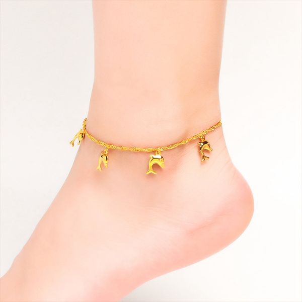 Женский браслет с дельфином, модная цепочка для ног, желтое золото 18 карат, прекрасные летние пляжные украшения, подарок