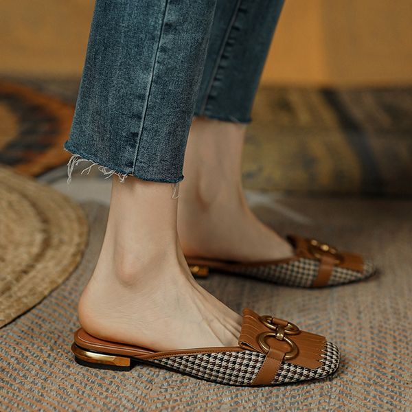Slippers Women Retro Casual Shoes for Woman Summer Slip-On Ladies Slides Metal Buckle Low Heel Sandals Shoe Chaussure Femme 221102
