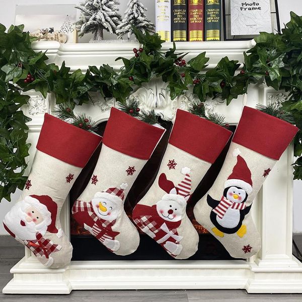 Grandes meias de natal de 48cm de imita￧￣o de linho Santa Claus boneco de neve de alces desenho animado de candidato de bolsa de doces de bolsa de doces de candidatos de Natal
