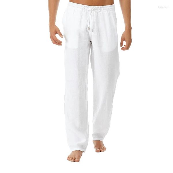 Calça masculina de alta qualidade masculino casual calça de linho de algodão natural da cintura elástica branca