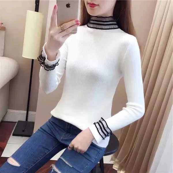 Elegante maglione da donna in pizzo moda autunno pullover manica lunga ragazza sottile top maglione lavorato a maglia di base da donna coreana casual