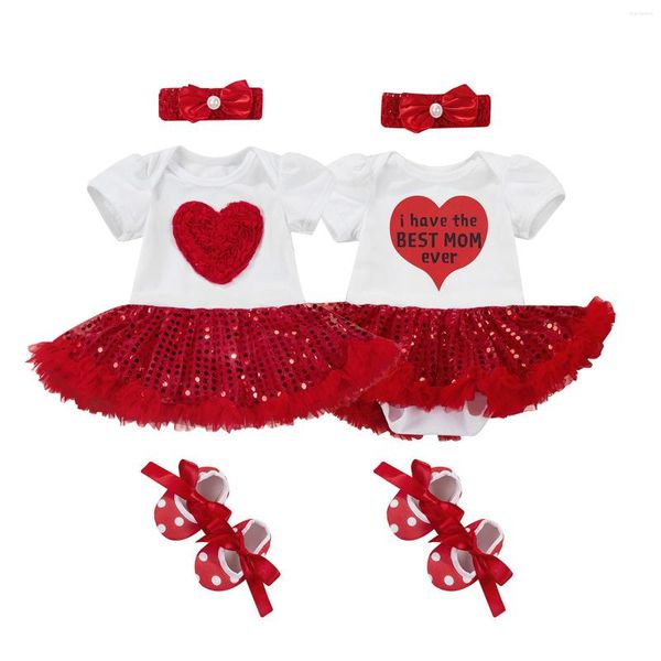 Set di abbigliamento Emmababy Completo a tre pezzi per neonata Modello a cuore Manica corta Patchwork Paillettes Abito in tulle Stile Pagliaccetto Fascia per capelli Scarpe