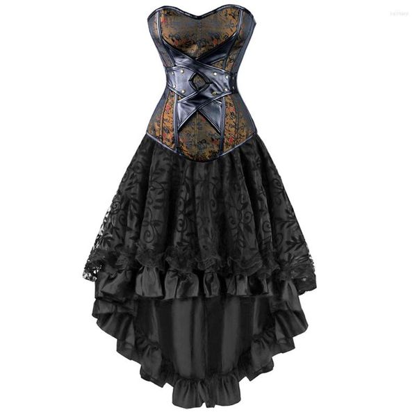 Bustiers Korsetts Damen Sexy Gothic Viktorianisches Steampunk Korsett Kleid Leder Vollbrust und Rock Party Taille Trainer Kostüm