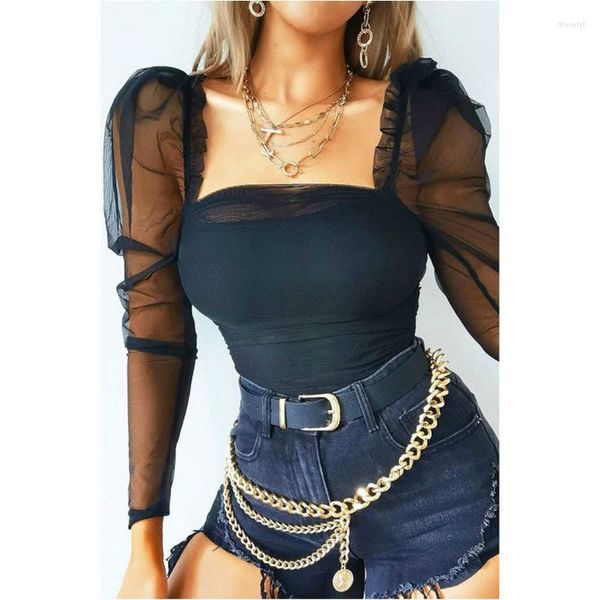 Calças de duas peças de duas peças Moda Black Contrast Mesh Gigot Sleeve Mid Caist Bodyspuit skinny Mulheres outono Plano Bodysuits elegantes