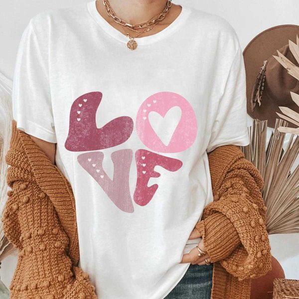 Love Retro T-shirt colorata Heart Word Art Shirt Valentine Day Tee Women Trendy