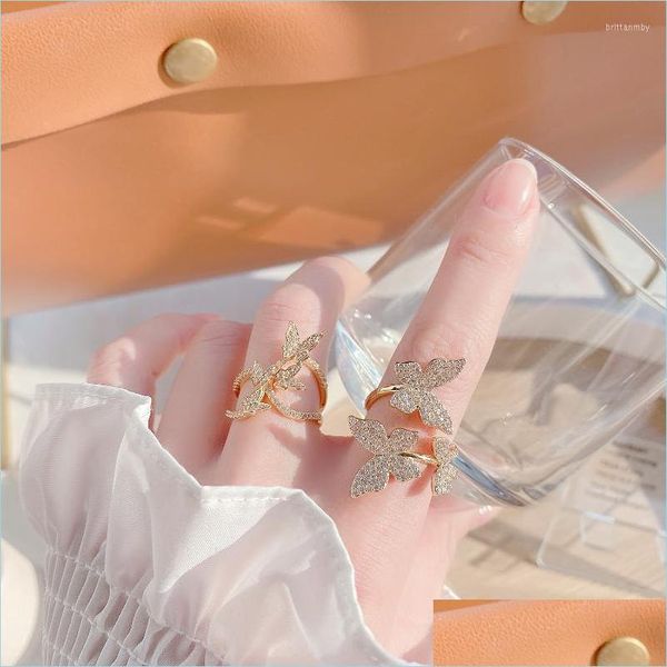 Ringos de cluster Ringos de cluster Korea Design Jóias de moda de zircão de fada anel de borboleta 14k Placamento de ouro real