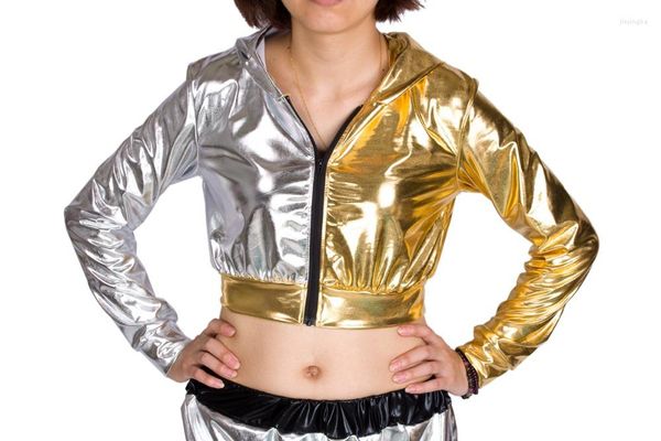 Damenjacken Heroprose Marke Mode Frauen Gold Silber Tops Kleidung Jazz Hip Hop Dance Performance Tänzerin mit Kapuze Mantel Jacke