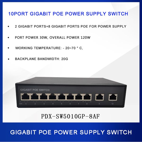 10 port gigabit poe switches 2 1000m uplink e 8 interfaces elétricas de 1000m Fonte de alimentação