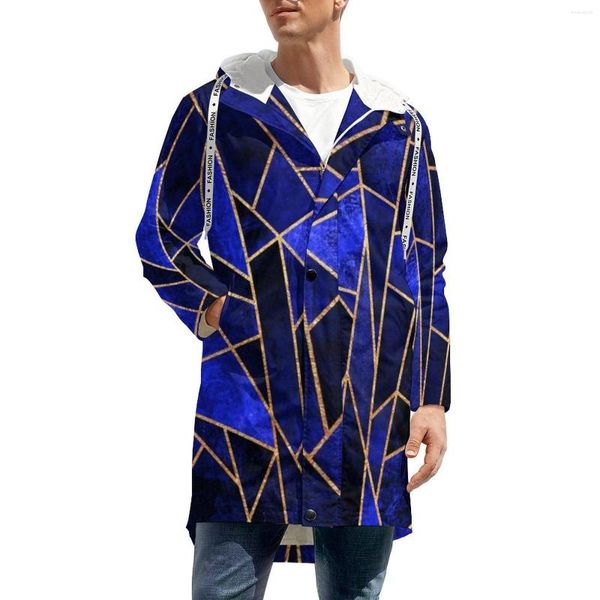 Trench da uomo Geometria blu Caldo uomo casual Linea oro Giacche invernali lunghe dritte Abbigliamento da strada Giacche a vento con cappuccio Taglie forti 5XL