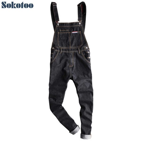 Jeans da uomo Sokotoo Salopette da uomo in denim con tasca a toppa sottile Casual bretelle nere tute Jeans T221102