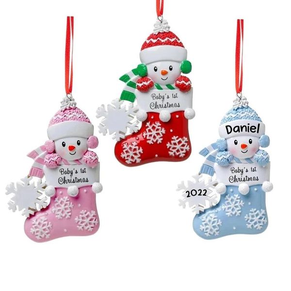 Baby First Christmas Ornates 2022 com Snowbaby em meia com ornamento de ￡rvore de Natal de floco de neve