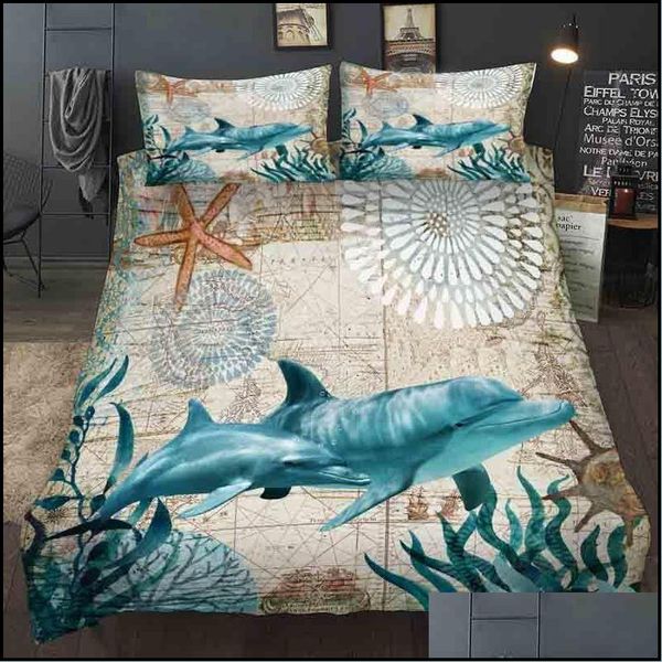 Set di biancheria da letto Serie Ocean Tartaruga marina Cavalluccio marino Delfini Set di biancheria da letto 3D Set di piumini Polpo Biancheria da letto Biancheria da letto Us Au Uk11 Taglia 20 Dhbdk