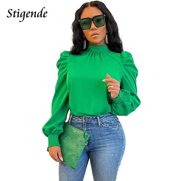 T-shirt das mulheres Stigende Bandage Puff Manga Camisetas Mulheres Elegantes Cor Sólida Tops Tees Femme Mock Neck Lace Up Bow Tie Top Camisas T220923