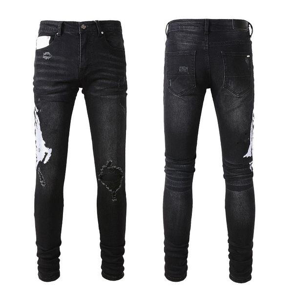 Schwarze Jeans für Herren, Designer-Jeans für Herren, Skinny, Rip, Rock, Denim, Biker, modisch, rote Aufnäher, Totenkopf-Stickerei, Halloween-Hose, gerades Bein, schmale Passform, Loch mit Reißverschluss