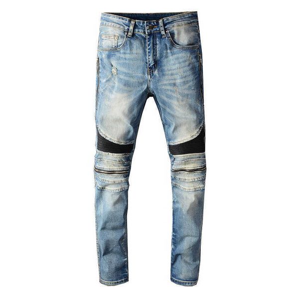 Jeans da uomo Sokotoo Jeans da motociclista patchwork in pelle PU da uomo Cerniere retro pantaloni slim in denim elasticizzato blu chiaro T221102