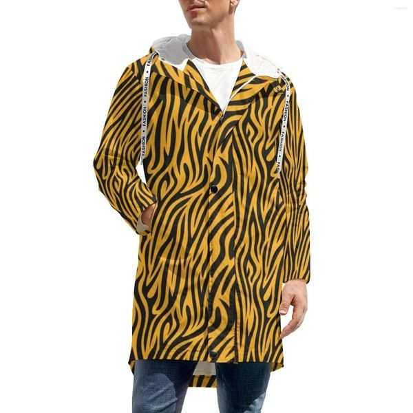 Trench da uomo Design con stampa tigre Giacche casual invernali Strisce dorate Elegante frangivento lungo rettilineo impermeabile spesso caldo