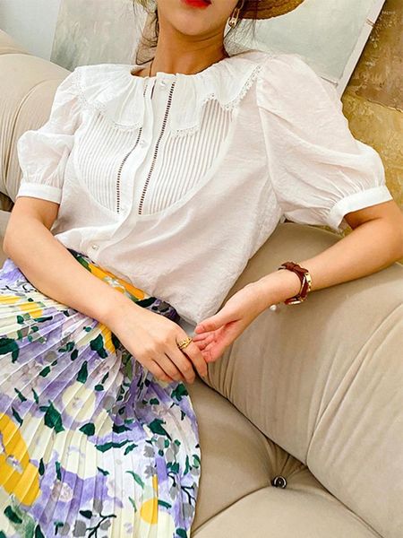 Damenblusen 2022 Sommer gemütliche Mode weibliche Kleidung Französisch dünne Strickjacke Bluse Top Baumwolle Puffärmel Rüschenkragen Damenhemd