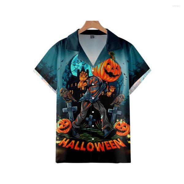 Camisas casuais masculinas de manga curta Button Up Beach Shirt Streetwear Summer Moda de Halloween Pumpkin