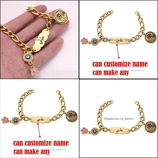 Pulseira personalizada pode fazer árabe / inglês / qualquer nome muçulmano bismillah aço inoxidável Bulbões bebês Ali Bracelets Drop D Dhi6z