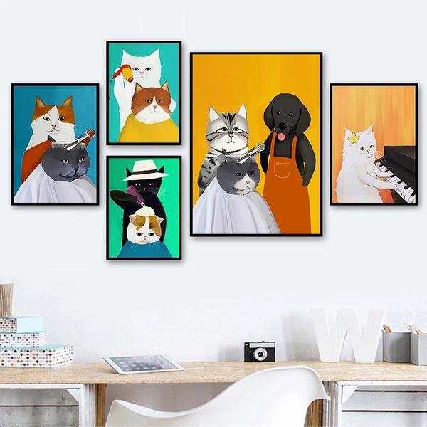 Animale Tela Pittura Cartone Animato Simpatico Gatto Poster Moderni Cane Divertente Taglio di Capelli Stampe Immagine da Parete per Soggiorno Camera da Letto per Bambini Decorazioni per la casa Senza Cornice