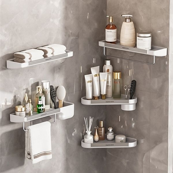 Prateleiras de banheiro prateleira de chuveiro sem perfuração Organizador de canto montado na parede Suporte de plástico de luxo 221102