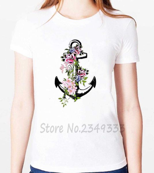 Camiseta floral ￢ncora impress￣o feminino modal casual solto camisetas engra￧adas para lady top tee