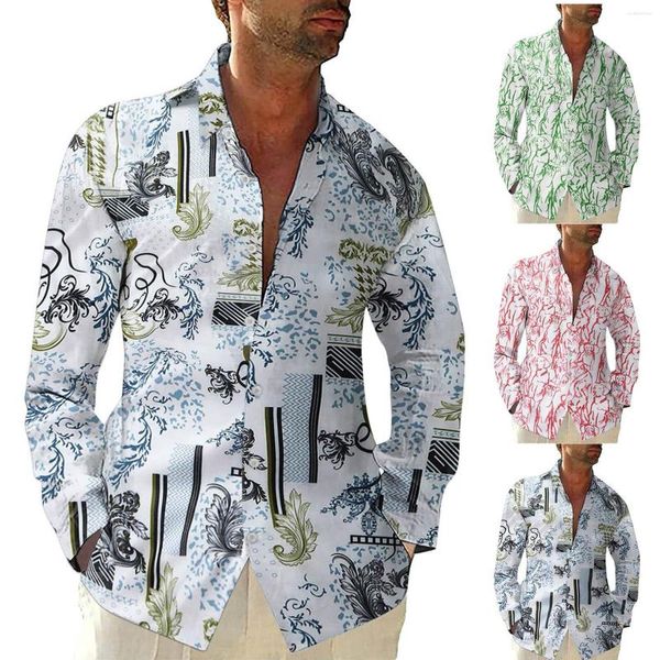 Camisas casuais masculinas sob camisa de lapela impressa de tamanho grande de tamanho longo de mangas compridas pacote de altura