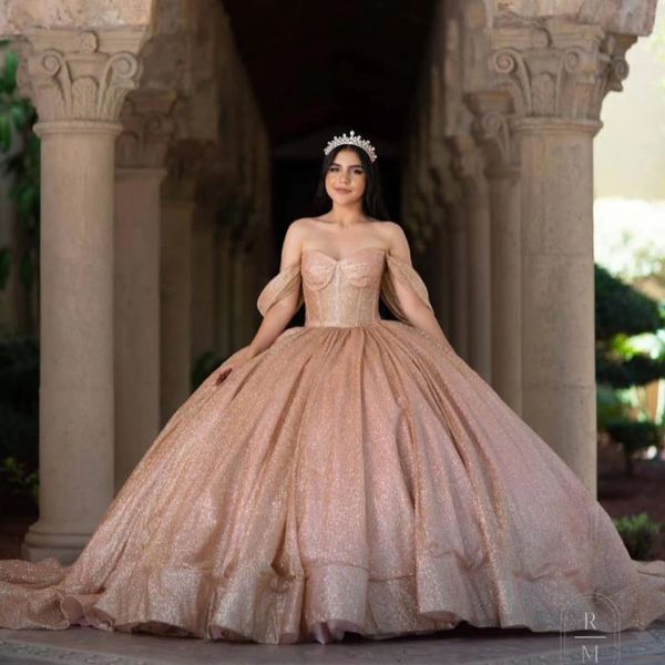 Sparkly Rose Champagne Ball Gown Abiti Quinceanera Per Sweet 16 Ragazze Paillettes Laurea Prom Dress Vestidos De 15 Anos