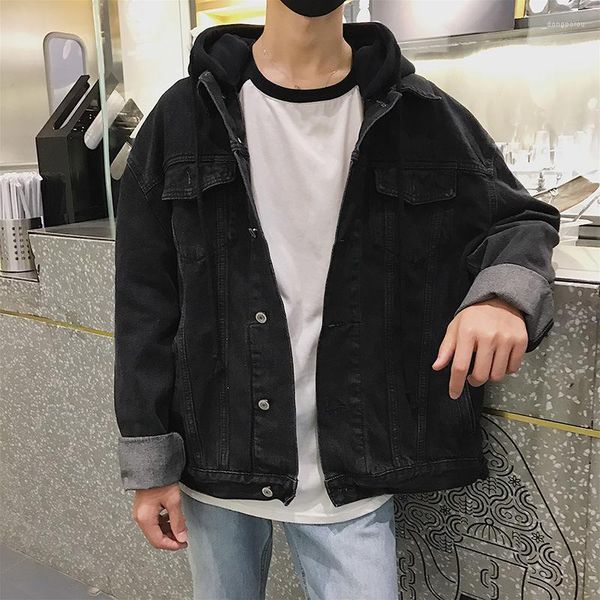 Casacos de trincheira masculina no atacado 2022 outono de inverno hip hop adolescentes jaqueta de jeans masculino com capuz coreano casual tops soltos