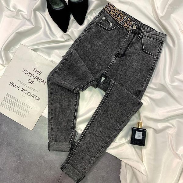 Kadınlar Kot pantolonlar Dimi Sigara-Grey İnce Bel Sıkı Küçük Taytlar Kırmızı Leopar Baskı Instagram