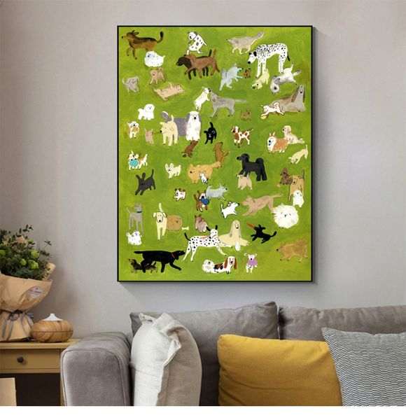 Quadro su tela Stile giapponese Animali divertenti Cane Arte della parete Interni Poster e stampe verdi nordici Immagini murali Decorazioni per la camera dei bambini Senza cornice