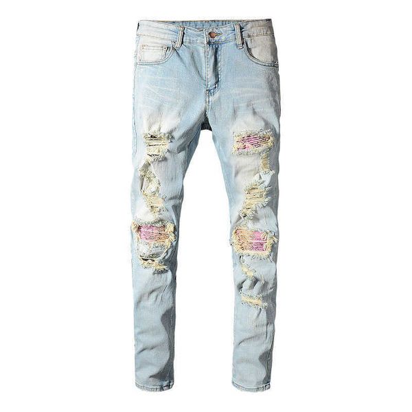 Jeans da uomo Sokotoo Jeans da motociclista con stampa paisley bandana patchwork da uomo Pantaloni azzurri in denim stretch skinny strappati Pantaloni T221102