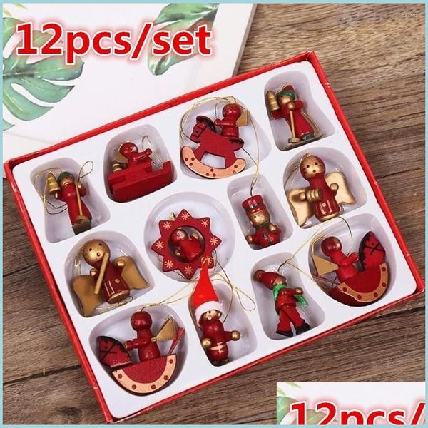 Decorações de Natal 12pcs /Conjunto Decorações de Natal Ornamentos em miniatura de madeira Treça pendurada Ano Gream Toy para Kid Home P DH5NV