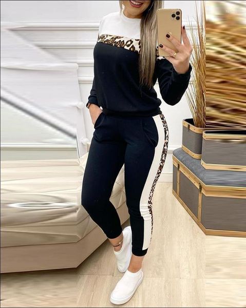 Set di pantaloni a due pezzi da donna Abiti da donna 2022 Moda autunno Stampa ghepardo Colorblock Girocollo Top a maniche lunghe Set tascabile casual