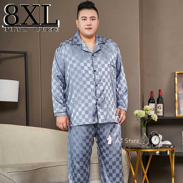 Мужская одежда для сна, мужской пижамный комплект, шелковый атлас с длинным рукавом, осенняя одежда для сна, домашняя одежда, мужской домашний костюм, супер большой размер 5XL-8XL, верхняя пижама, пижама для сна T221103
