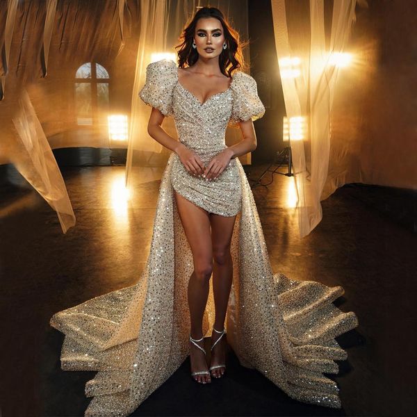 Sparkly Sweath Prom Promes v вырез с блестками вечерние платья с съемными поездами с коротким рукавами Особый случай официальный износ