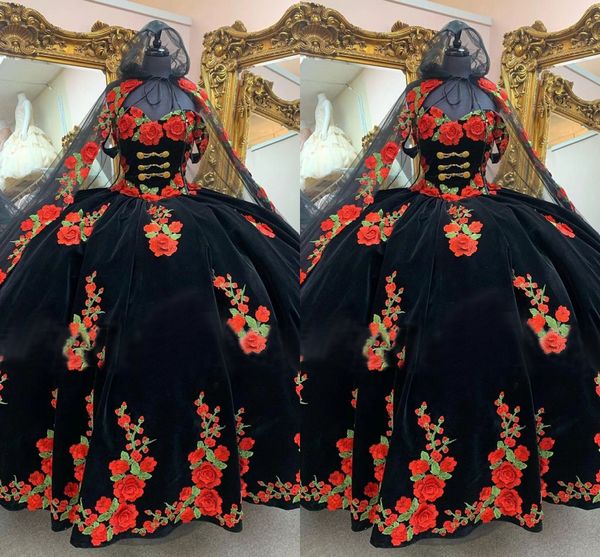 2023 Charro Quinceanera-Kleider aus Samt mit Blumenapplikation und schulterfreier Kappe, abnehmbarer Schal, Ballkleid, mexikanisches Partykleid für süße 15 Mädchen