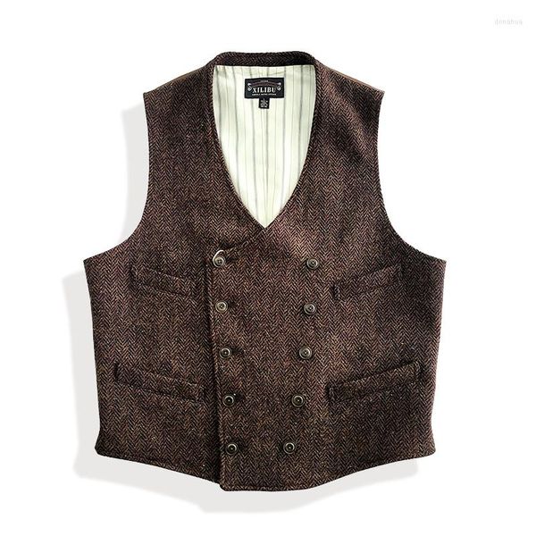 Coletes masculinos coletes de tweed de tweed de tweed trespassado slim slim brown marrom clássico cavalheiro elegante desgaste de traje vintage