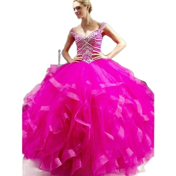 Fuchsia Cap Sleeve Quinceanera Kleider Perlen Top Tiere Sweet 16 Partykleid Rüschen Layered Vestidos De 15 Jahre