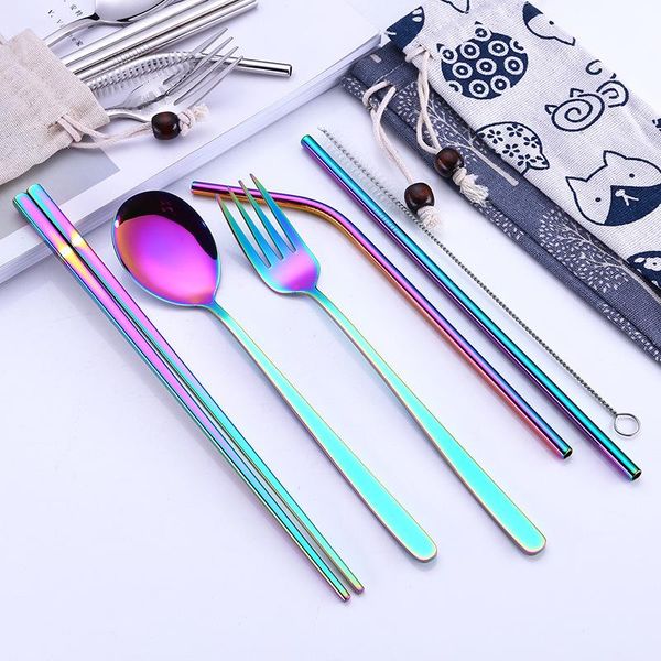 2022 new fashion Creative Titanium Plated Portable Tableware 5 pezzi Colori colorati Bacchette cucchiaio in acciaio inossidabile 304 Set Combinazione di cannuccia