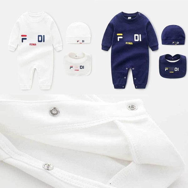 Abbigliamento firmato per bambini Pagliaccetti per neonato Cappello a tre pezzi Sciarpa Abito intero 0-2Y Ragazzi Vestiti per ragazze Cartoon 100% cotone Tute a maniche lunghe