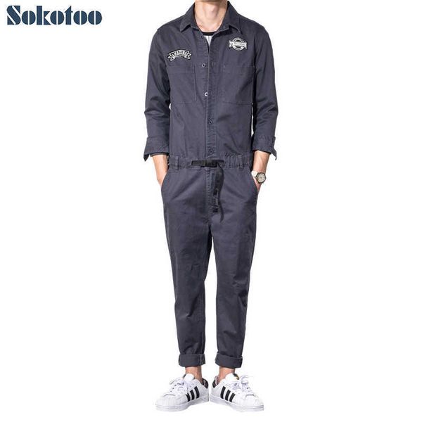 Herrenjeans Sokotoo Dunkelgraue, langärmlige, schlanke Overalls für Herren. Lässige Jeans-Overalls mit elastischem Taillen-Patch-Design, Set T221102