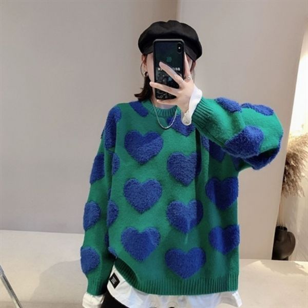 Qnpqyx nova corea y2k women knit false 2 peças Sweater Winters Leisure Love Round Neck Sweater Loose Style Lazy Blouse All-Match