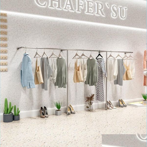 Visor de roupas comerciais de roupas de mob￭lia Exibir rack de m￳veis comerciais montados na parede a￧o inoxid￡vel Wireding Womens Ploth Side C Dht8k